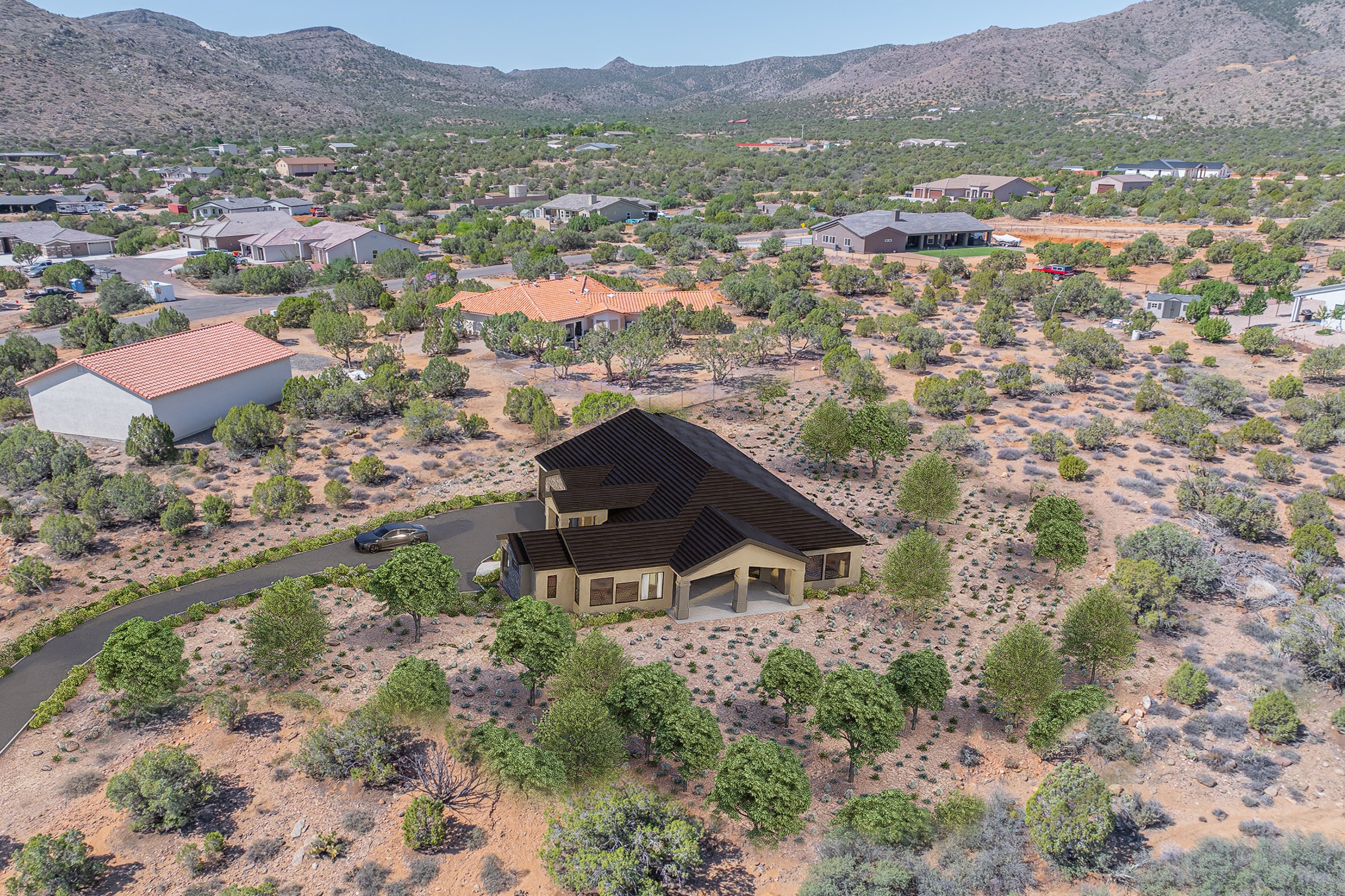 Aerial view of a proposed house placed into its real desert hillside surroundings, with neighbouring homes and mountains beyond