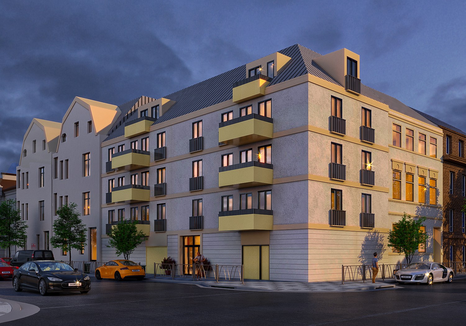 Dusk street corner view of a four-storey residential building with lit windows, parked cars and a passer-by