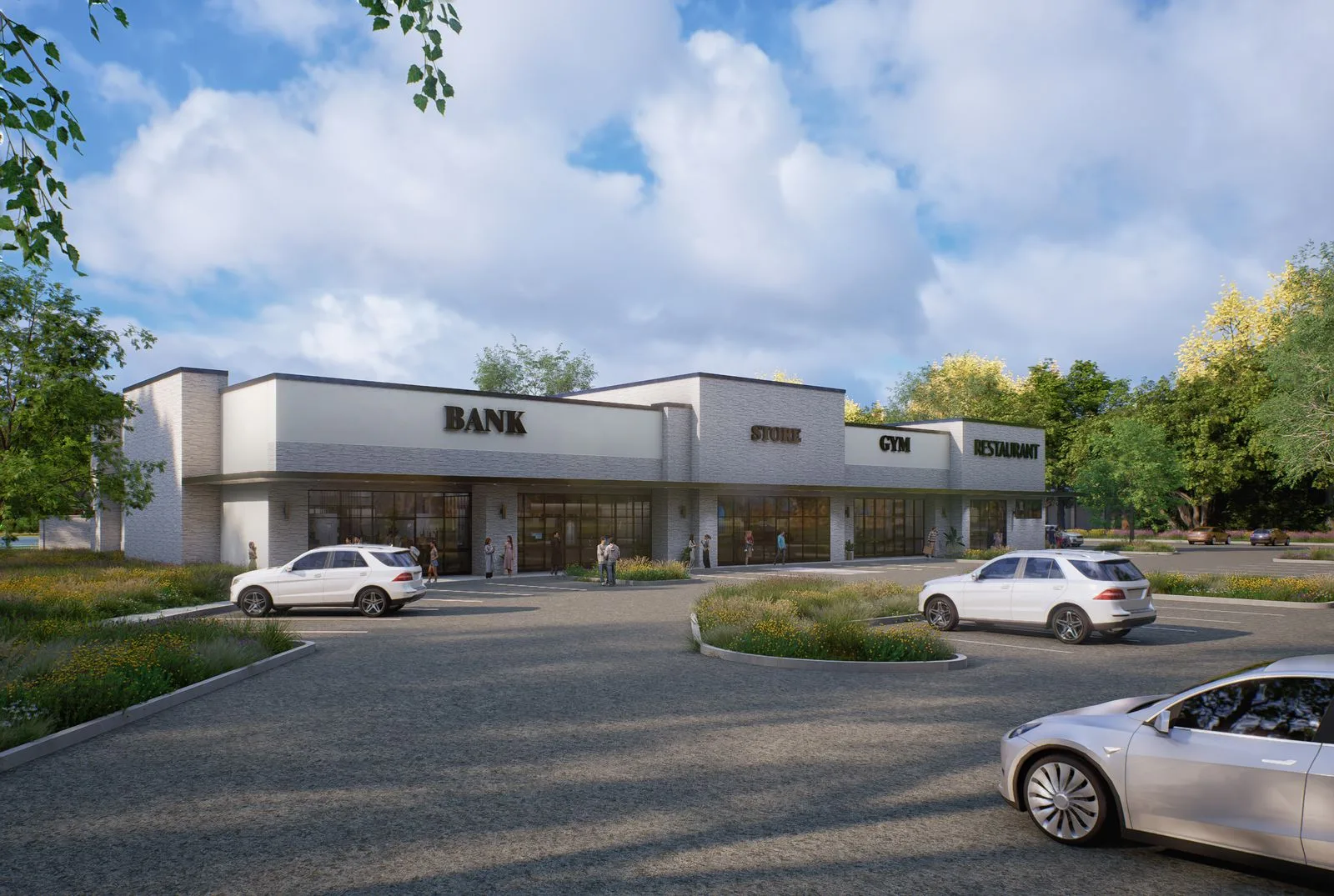 Exterior perspective showing stone veneer, stucco, black awnings and grey glazing