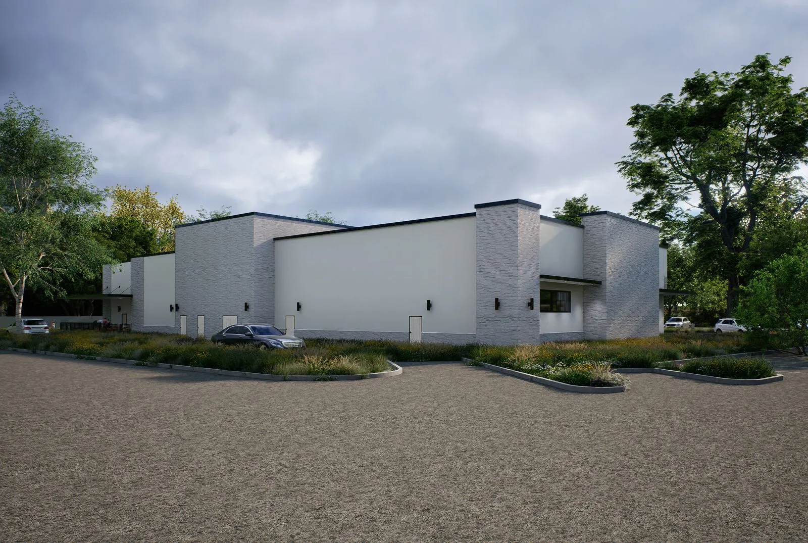 Angled exterior perspective of the flex building