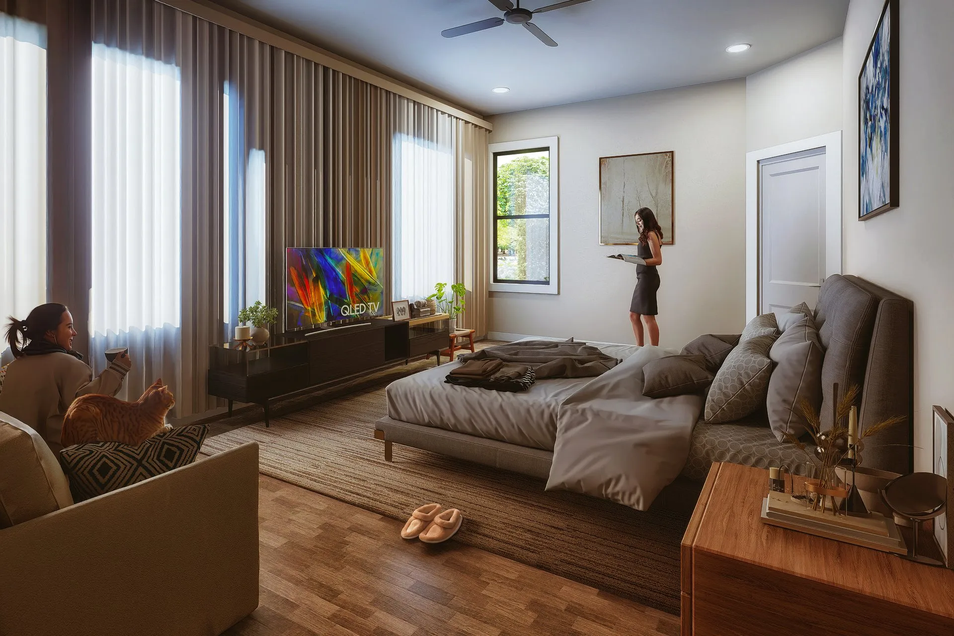 Detail view of the primary suite — headboard wall, layered lighting and furniture layout