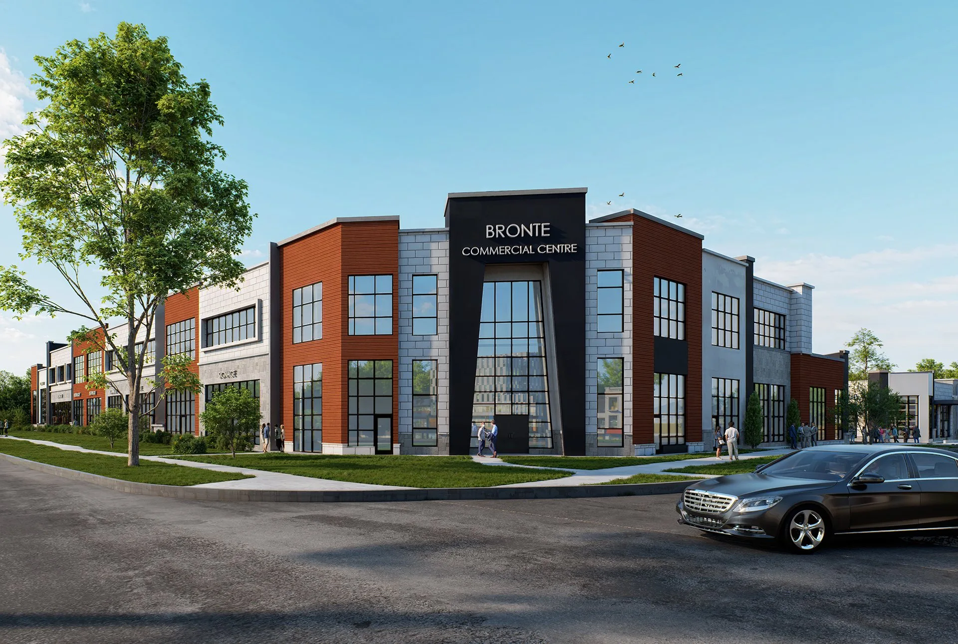 Streetscape render showing legible massing