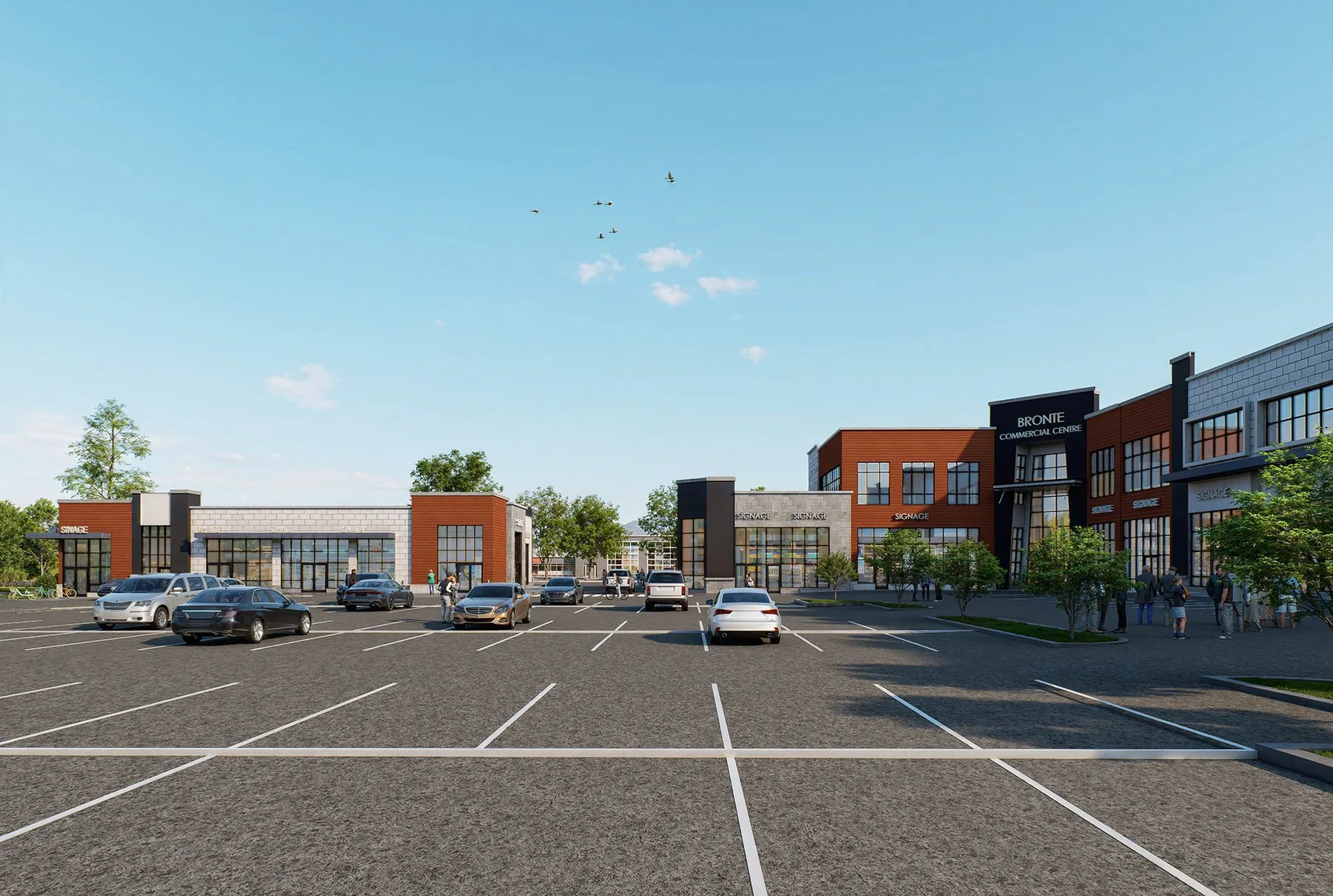 Parking-court perspective toward the signed portal entry