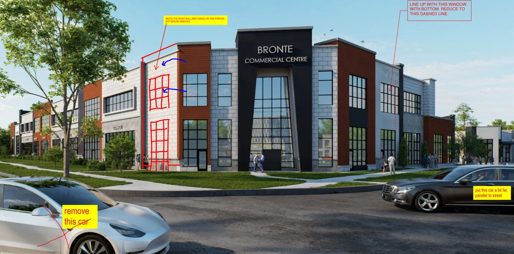 Client review markup on the corner render — window alignment, wall-material matching and massing notes