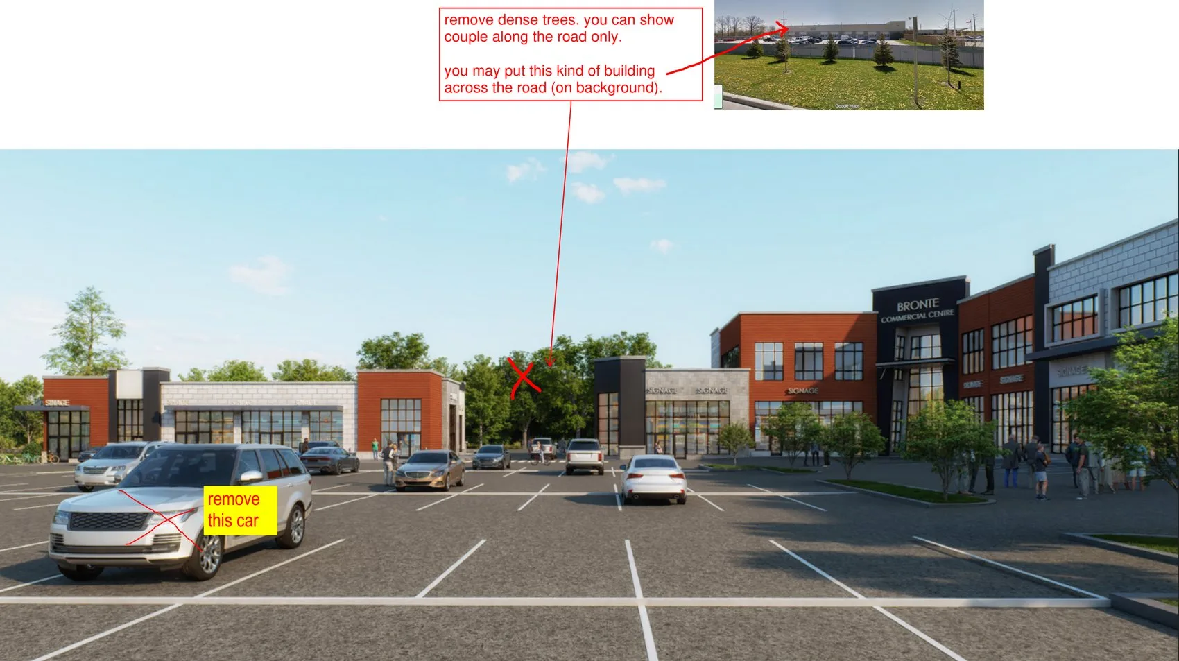 Marked-up parking-court render — context, entourage and street-tree notes from the review