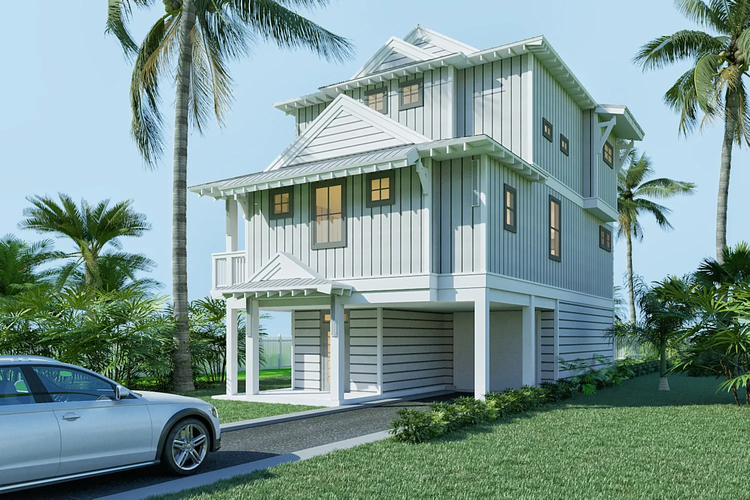 Eye-level exterior render of a three-storey coastal elevated home — light blue-gray board-and-batten siding, white metal roof with cupola, palm trees, elevated on pilings with a carport below
