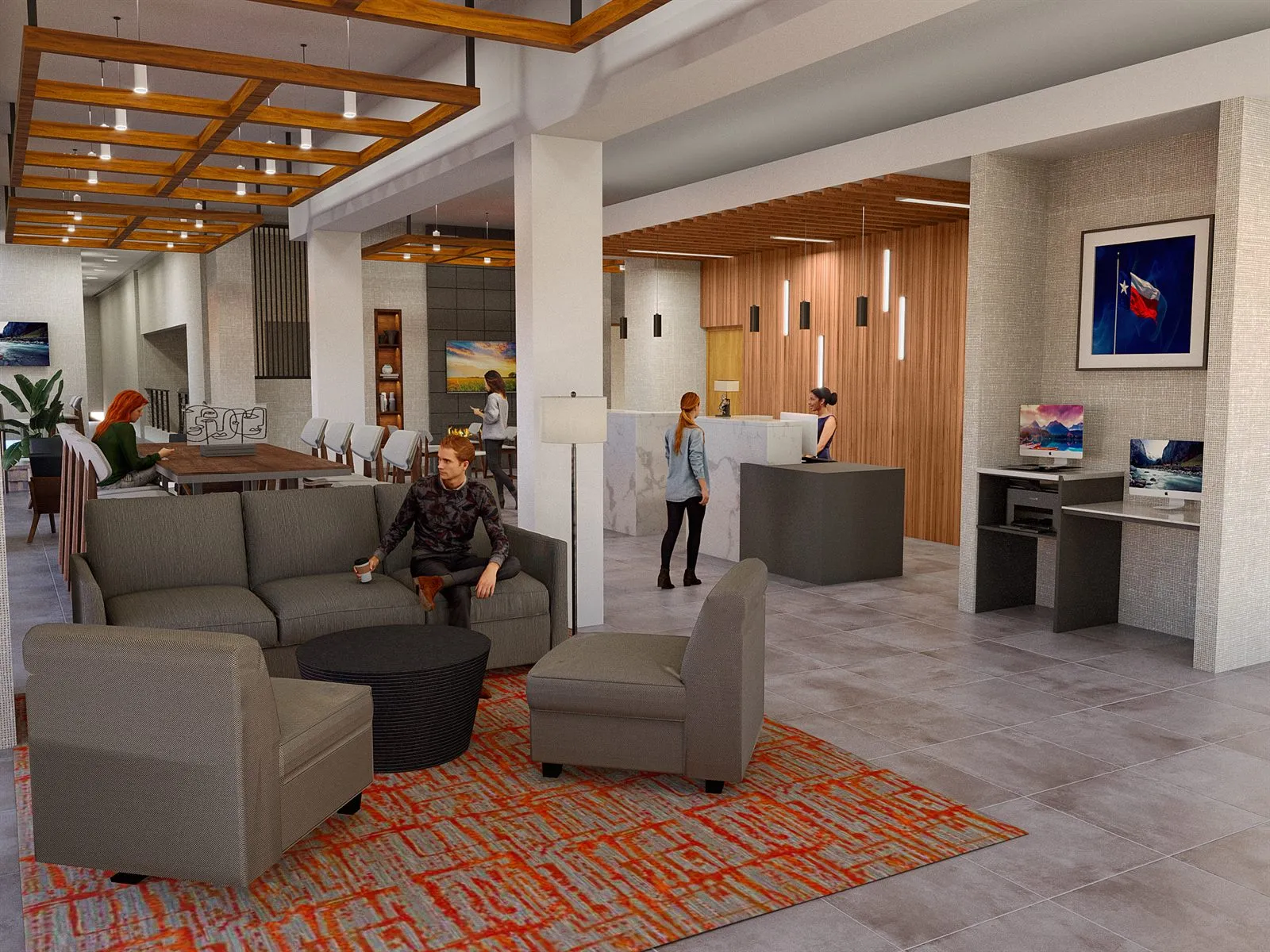 Main lobby set out from the architect's enlarged viewpoint, front desk from its shop drawing