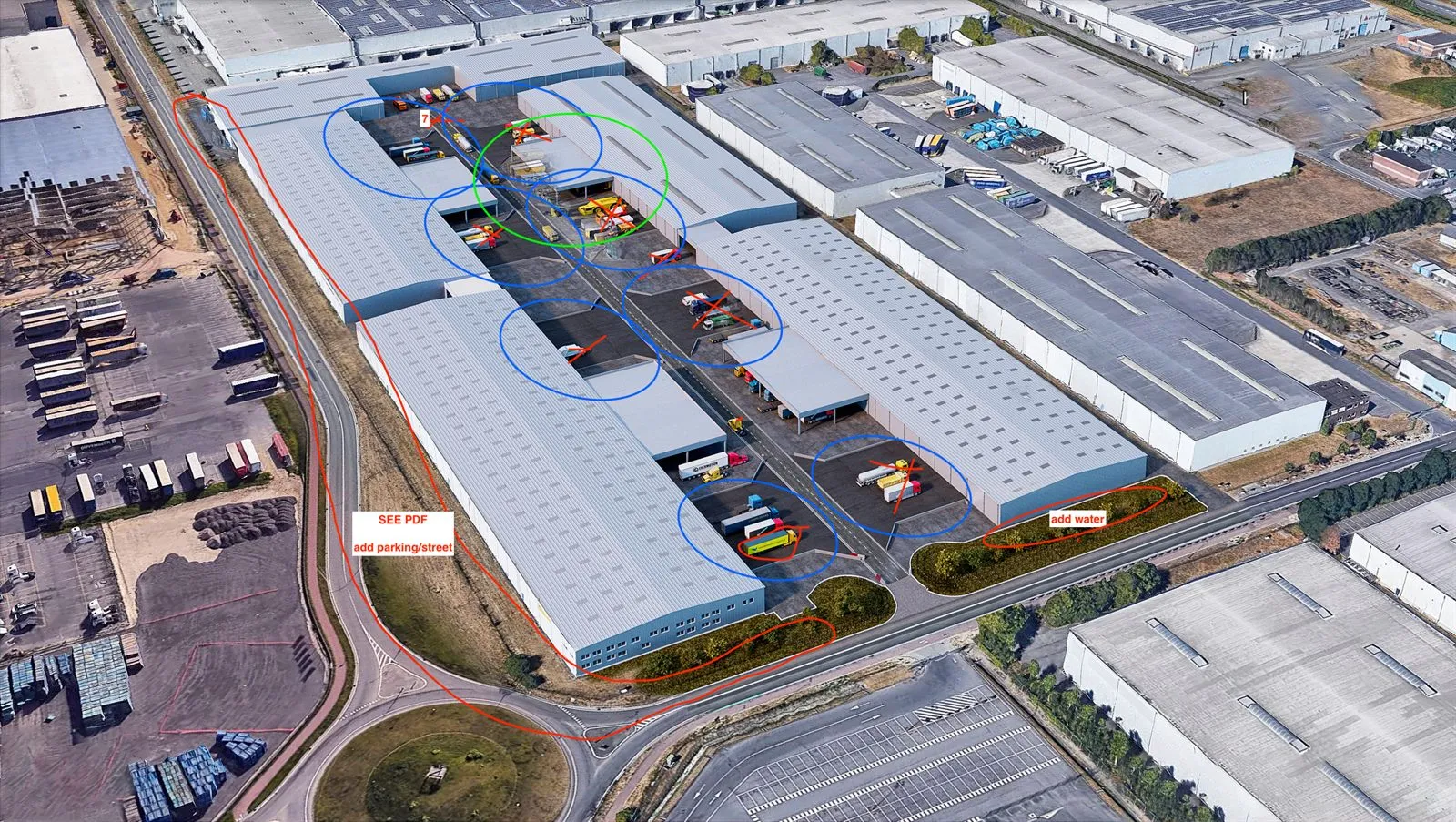 The client's marked-up bird view — circled corrections covering vehicles, parking, circulation direction and dock slope