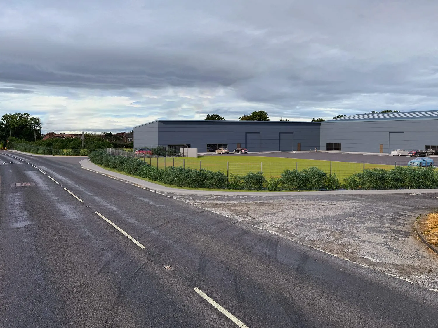 The unit composited into a street-level plate chosen by the client