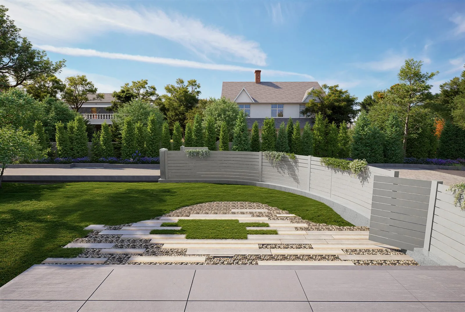 Revised the same day: maples off, lawn green and full, paving relaid as linear stone, posts concealed behind the boards