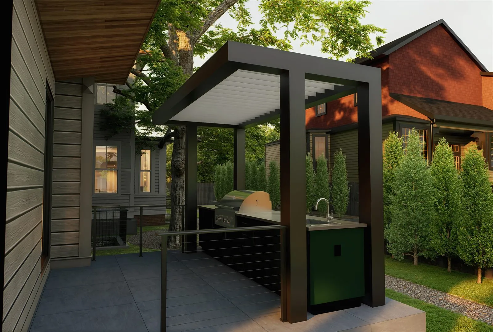 Outdoor kitchen and canopy built from the pergola submittal and kitchen shop drawings