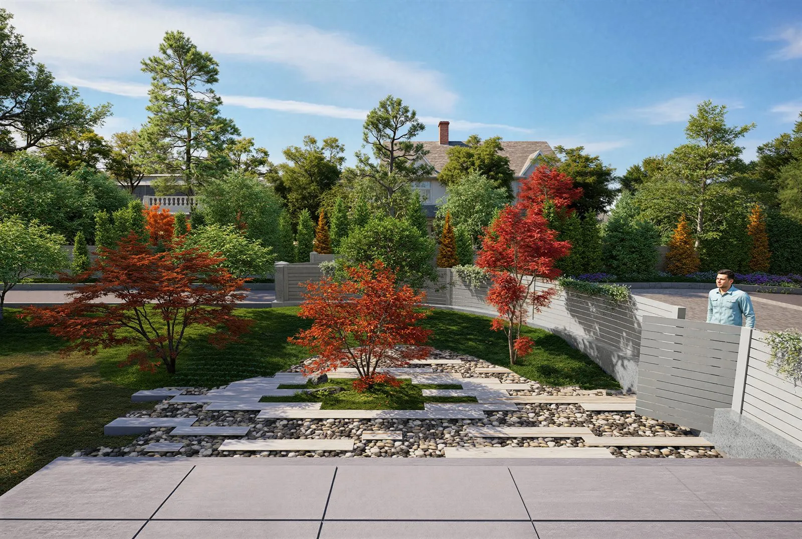 First draft: ornamental maples across the lawn, cobble-and-slab path, fence posts reading in front of the boards