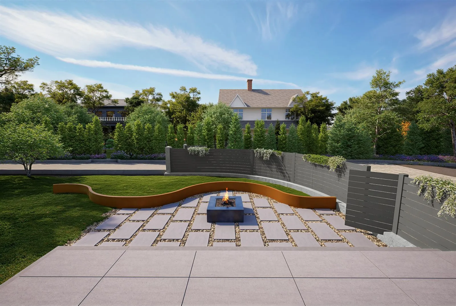 Viewing garden with bluestone paving, fire table and Corten steel retaining wall