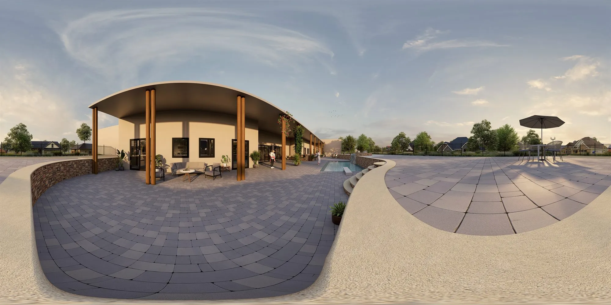 360 degree panorama of the rear patio, pool and covered terrace at dusk.