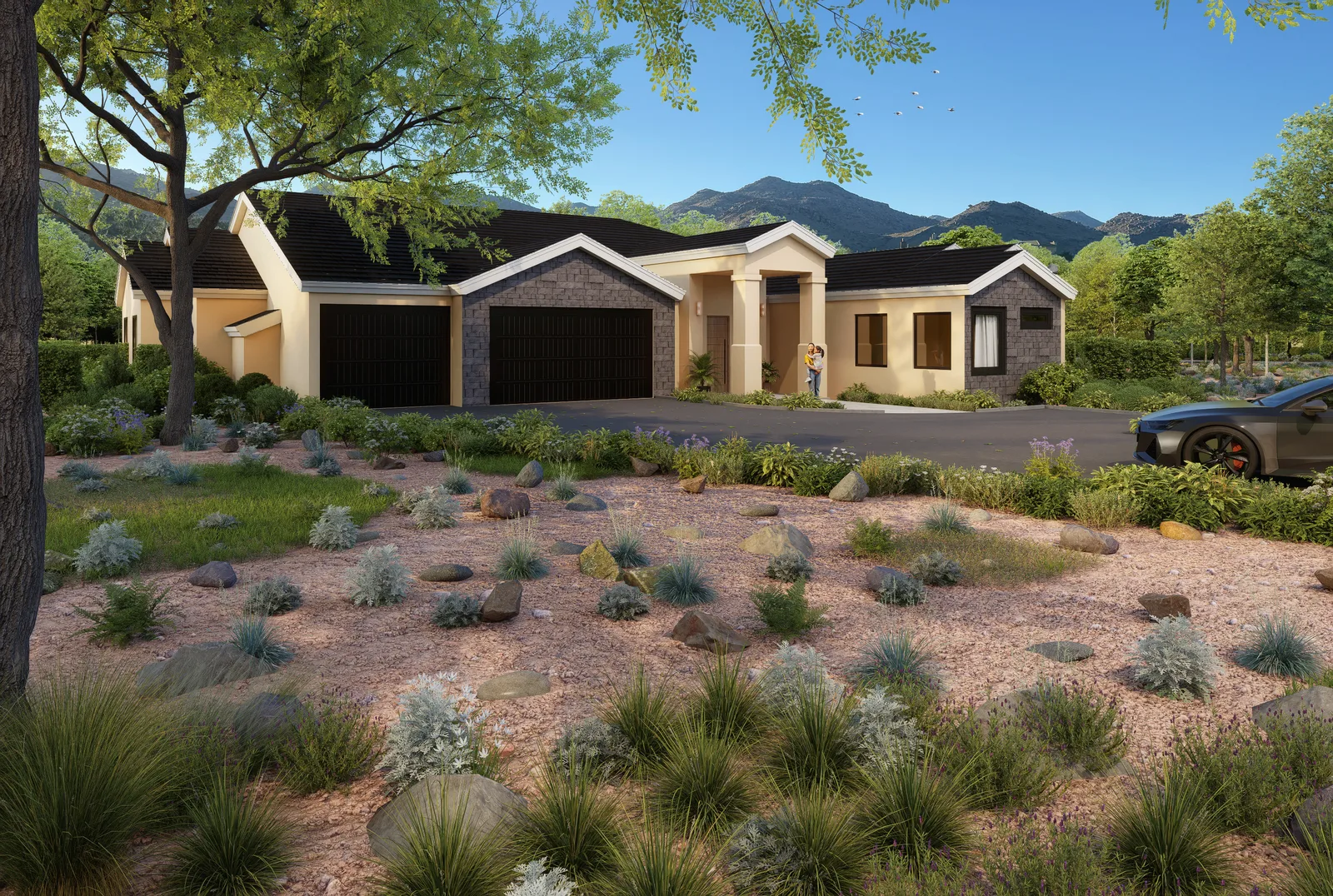The first exterior draft, verbal tan stucco colour, before the reference sample arrived