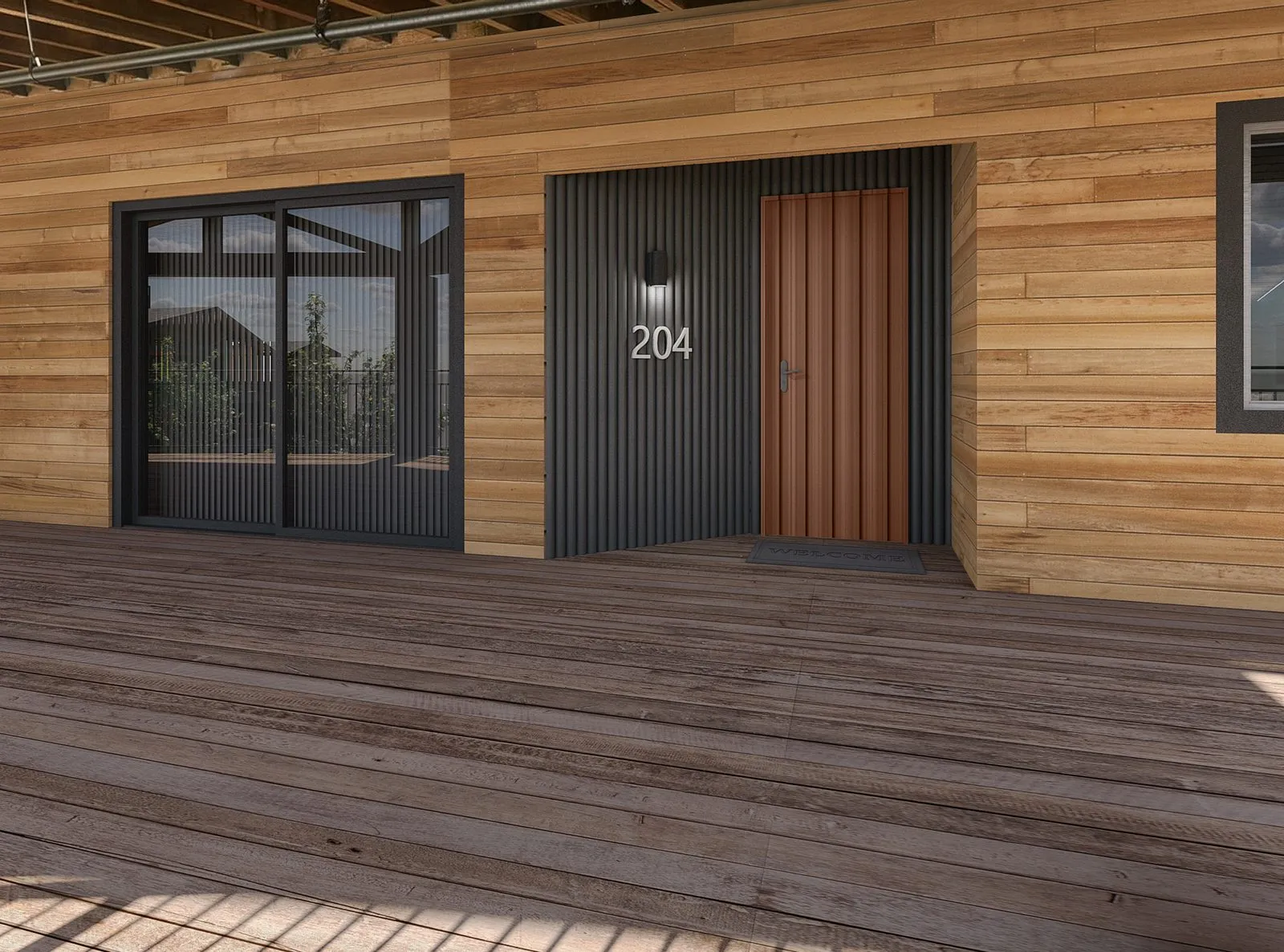 18 November: the enlarged entry unit with a corrugated slate-grey recess, vertical wood door, 4-inch dark window trim