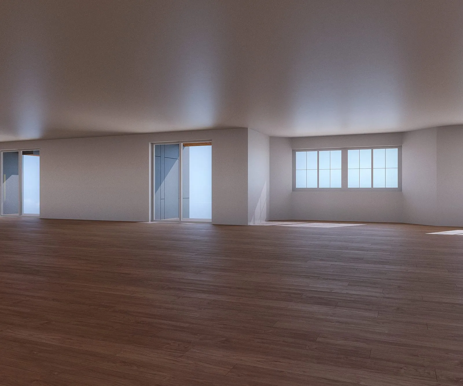 A bare room with white walls and wood flooring, the first window type seen from inside