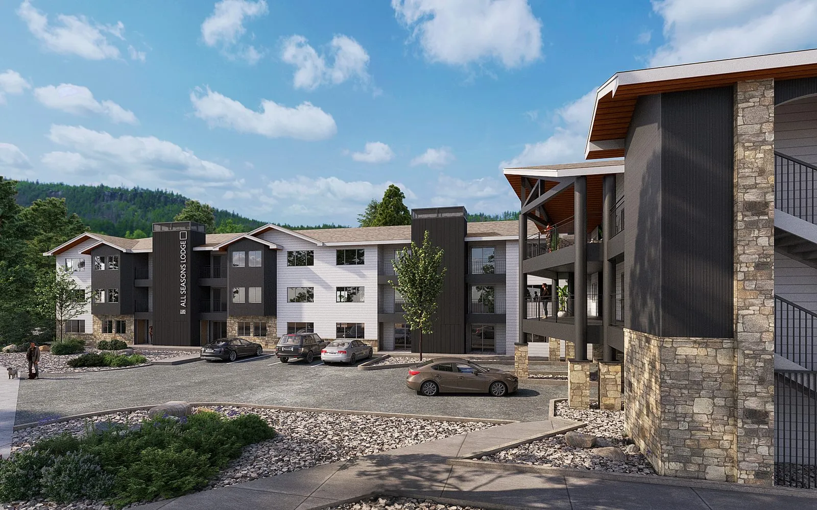 30 August: white lap siding, black corrugated bump-outs and black vertical towers over the stone base