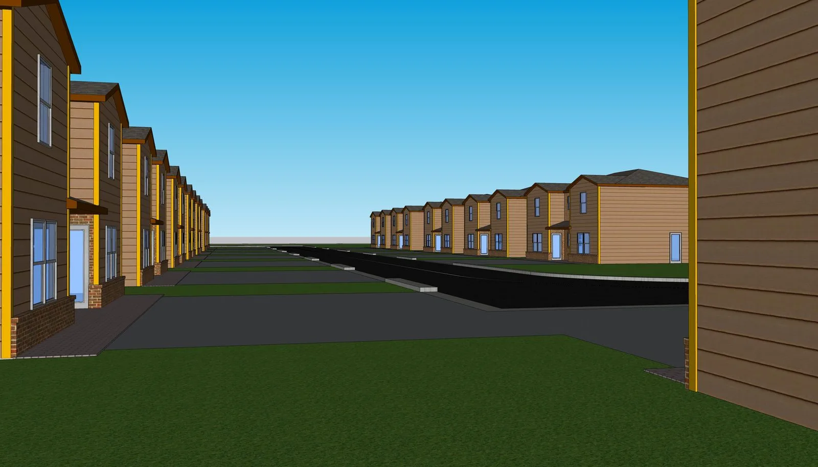 Bare massing block-out of two facing rows of townhomes along a street