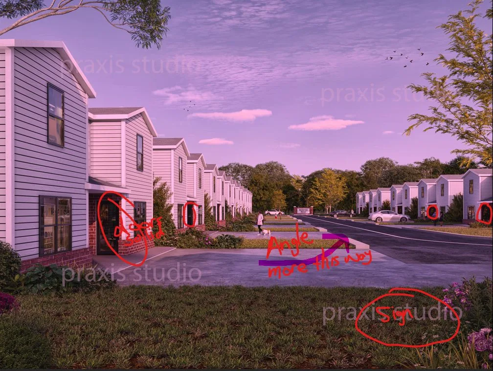 The client's marked-up screenshot of the 6 August issue: doors to be solid, the angle to move, the sign circled