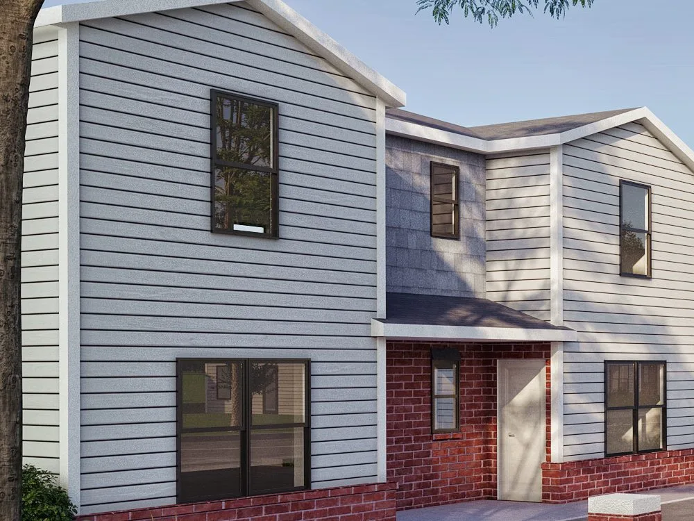 Detail of the final render: the first townhome's siding, brick base and entry, with the entrance sign in front