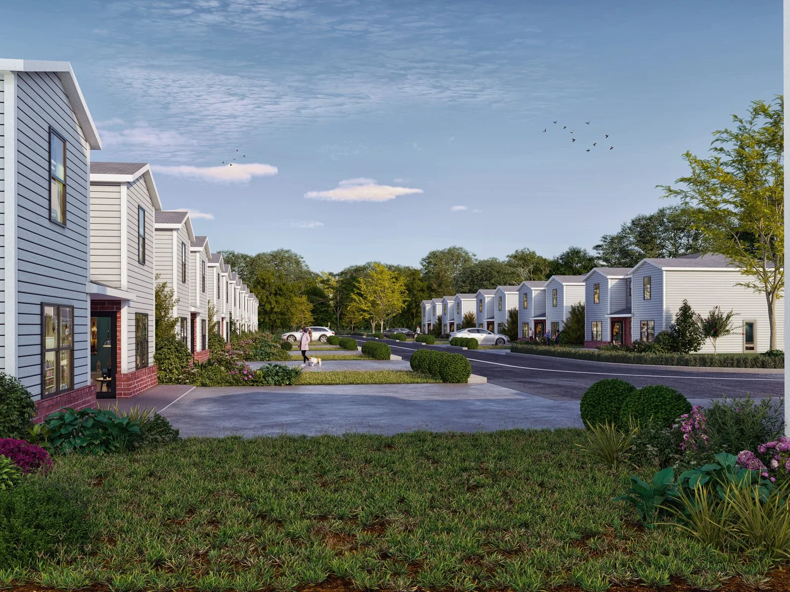 First rendered issue: the street between two rows of grey-sided townhomes