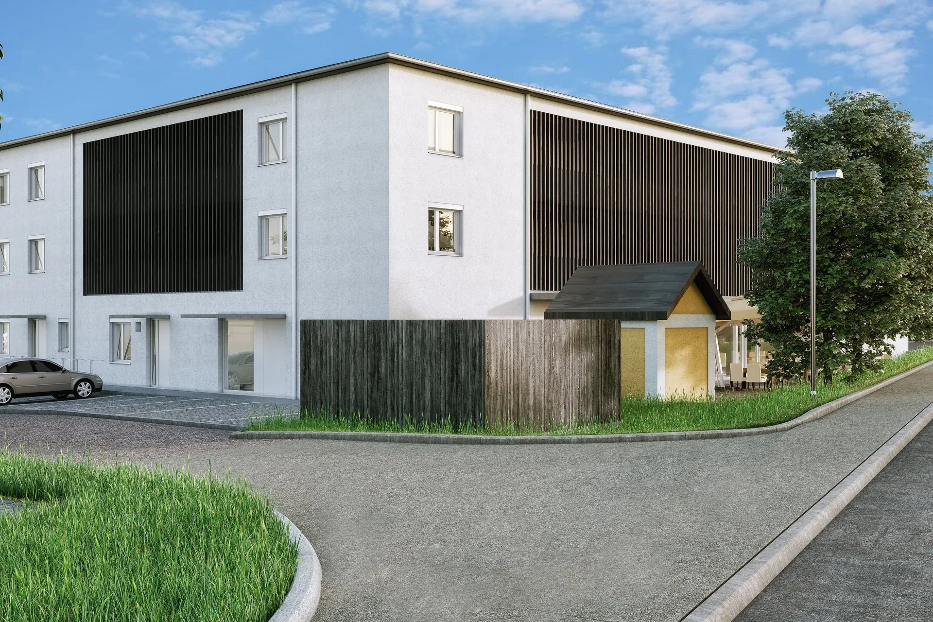 Street-corner render of the same commission — a two-tone timber boundary fence, a small gable-roofed outbuilding, mature planting and a parked car for scale