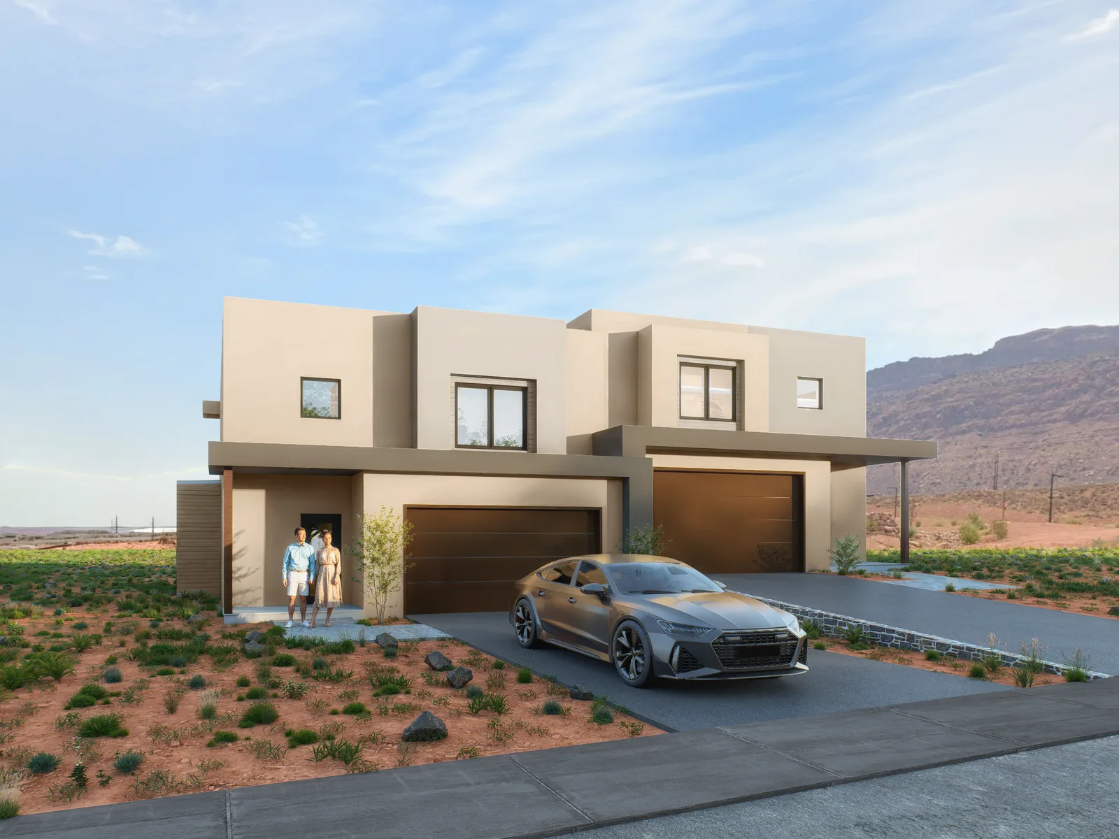 The same twin home from the second unit’s marketing angle, early round