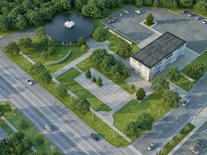 Community Library — mixed-use 3D rendering