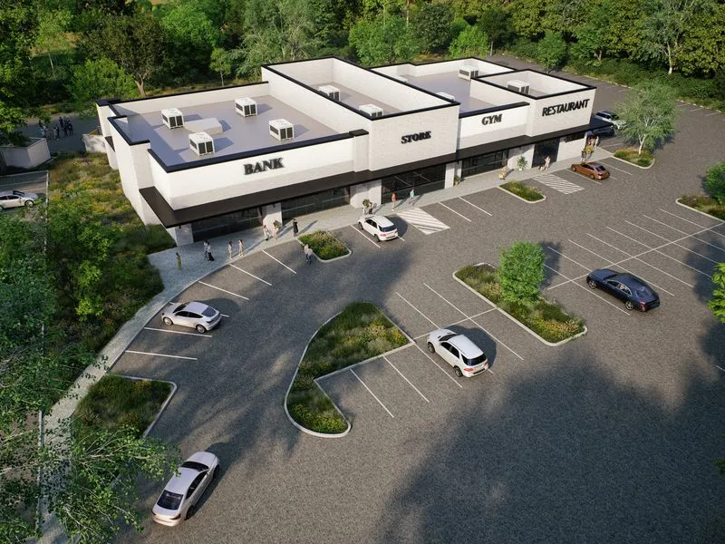 Strip Mall Retail Center — mixed-use 3D rendering