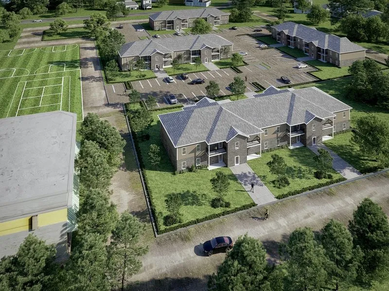 Suburban Apartment Community — mixed-use 3D rendering