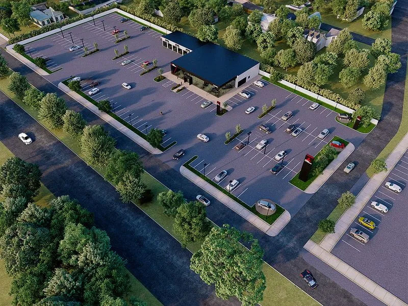 Suburban Retail Pad — mixed-use 3D rendering