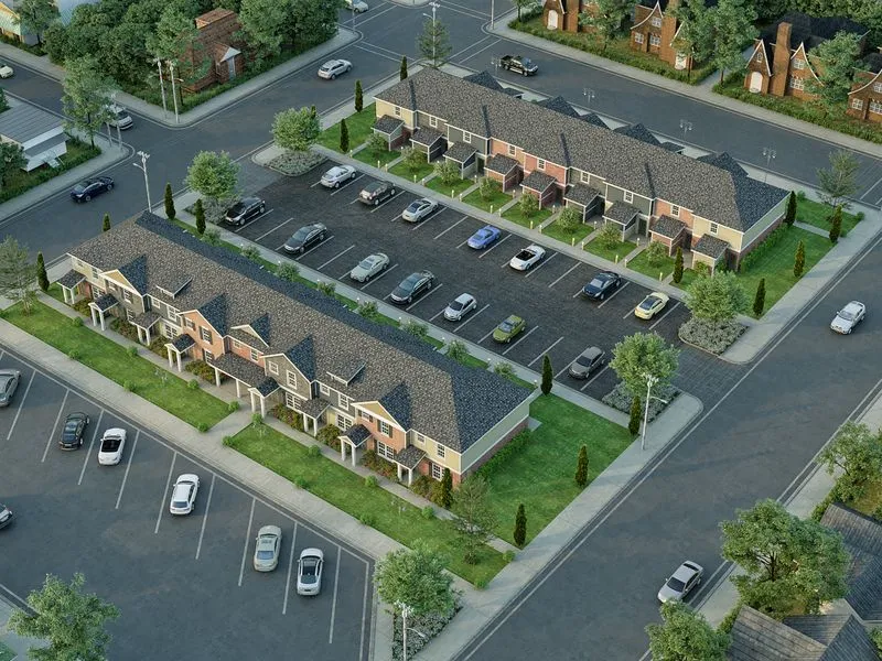 Townhome Courtyard Community — mixed-use 3D rendering