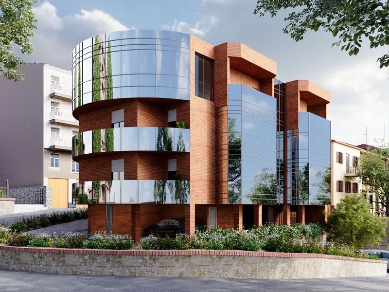 Curved Glass Brick Office — commercial 3D rendering