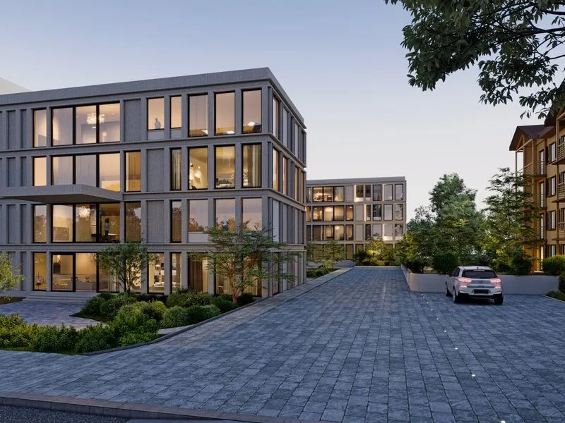 Modern Office Complex Dusk — commercial 3D rendering