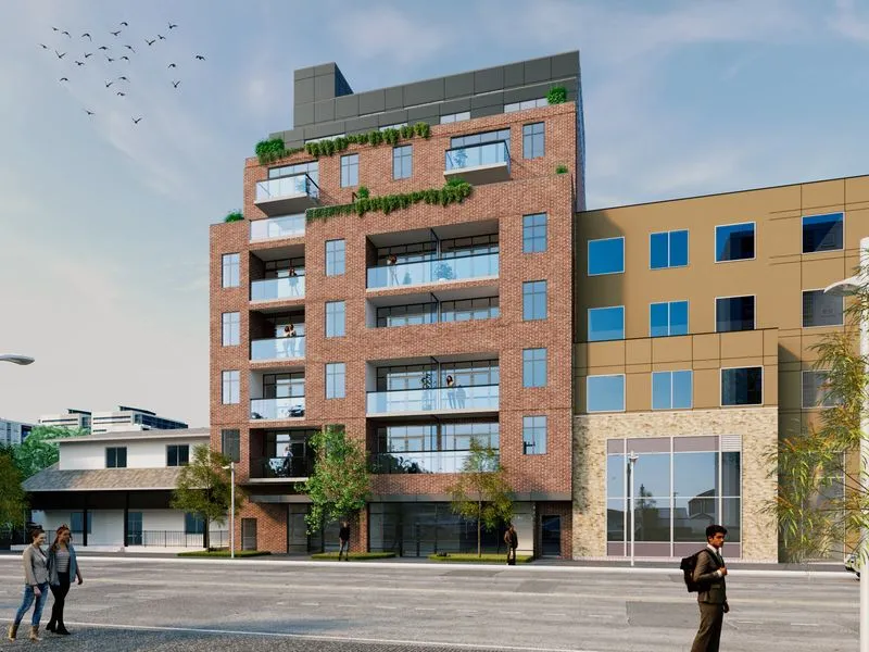 Urban Brick Midrise with Greenery — commercial 3D rendering