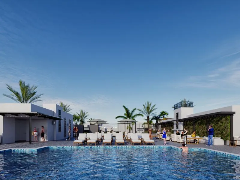 Minimalist Resort Pool Complex — hospitality 3D rendering