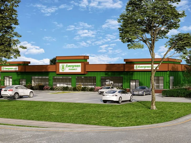Project Evergreen Pharmacy — institutional 3D rendering