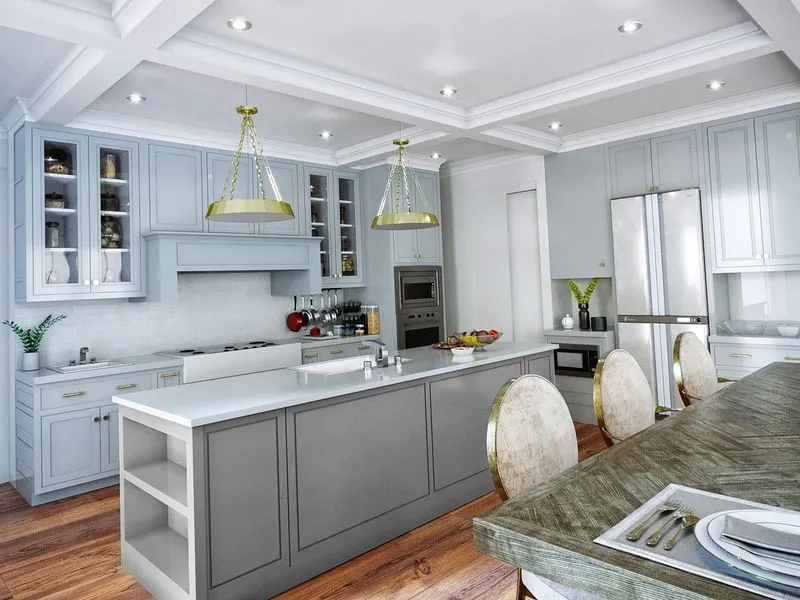Classic Gray Kitchen Coffered Ceiling — residential 3D rendering
