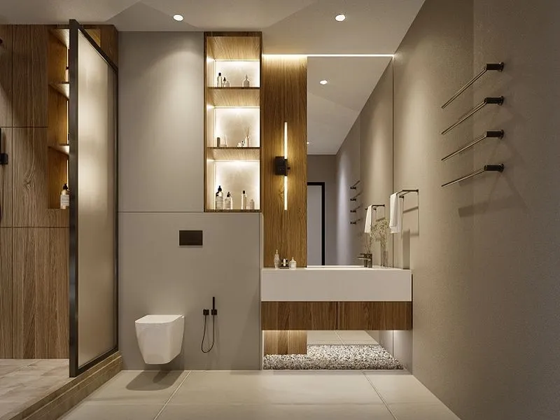 Contemporary Walnut Display Bath — residential 3D rendering