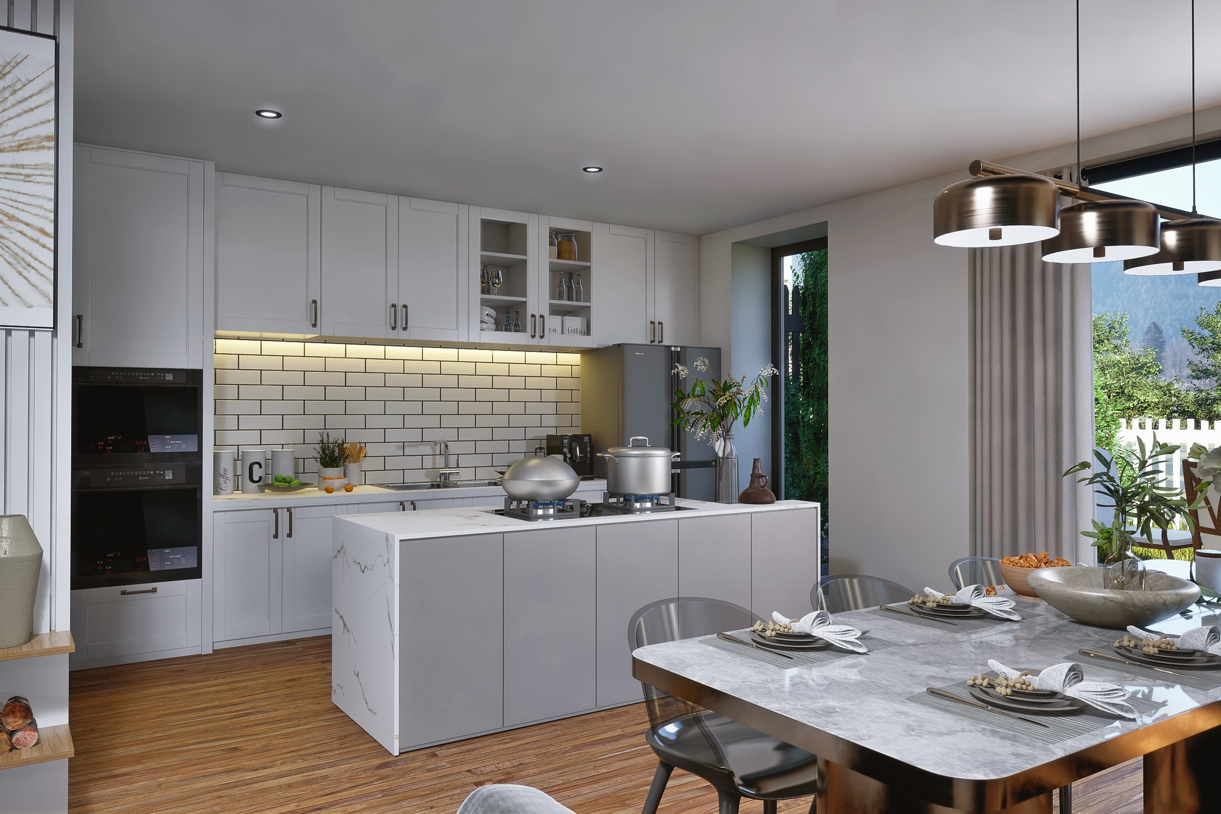 Contemporary white kitchen and dining