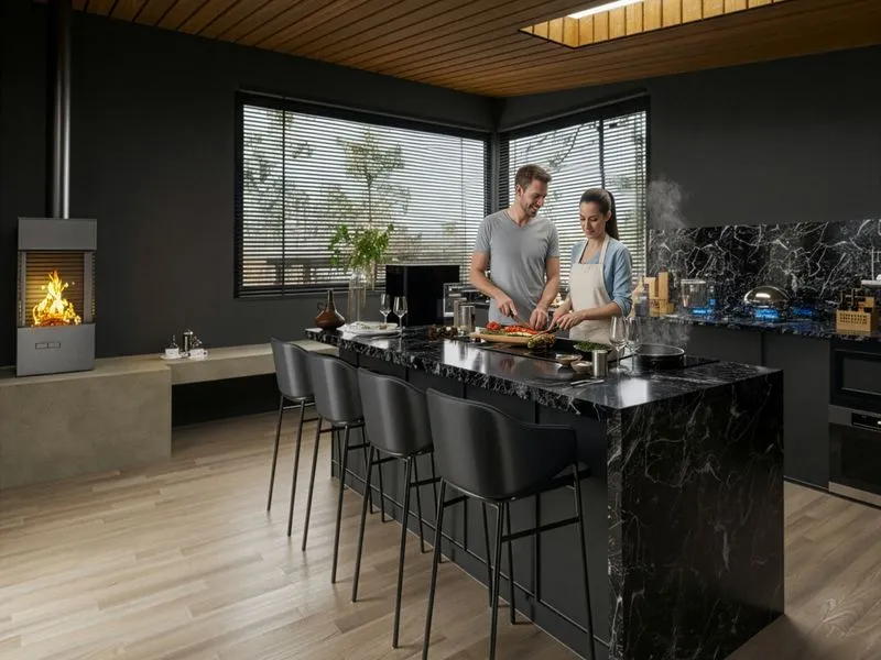 Dark Luxury Marble Island Kitchen — residential 3D rendering