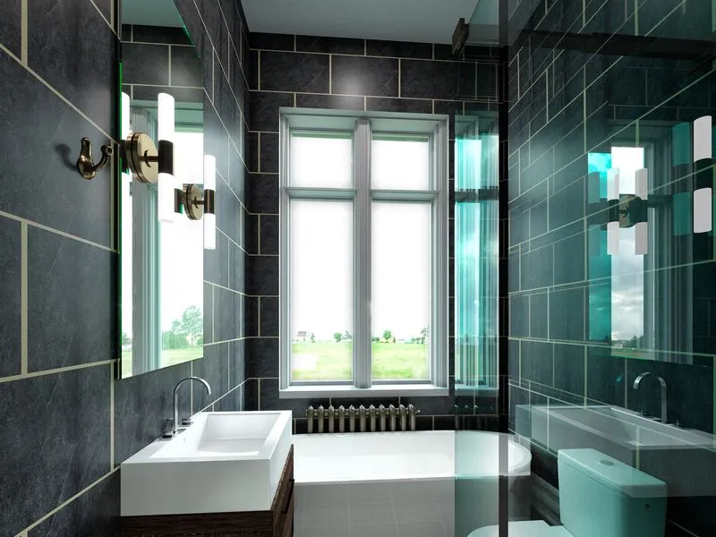 Dark Slate Tile Bathroom — residential 3D rendering
