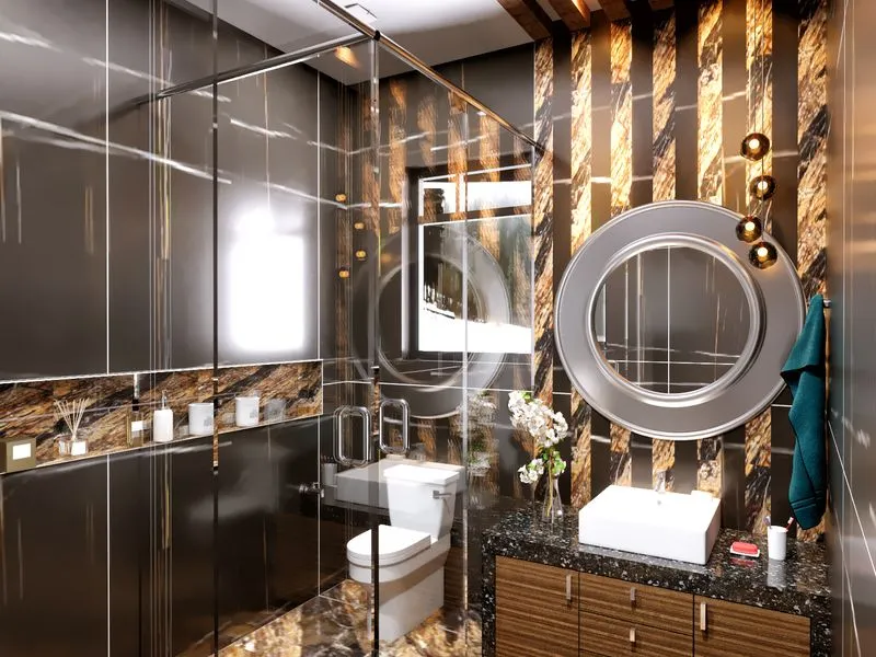 Luxury Dark Stone Bathroom — residential 3D rendering