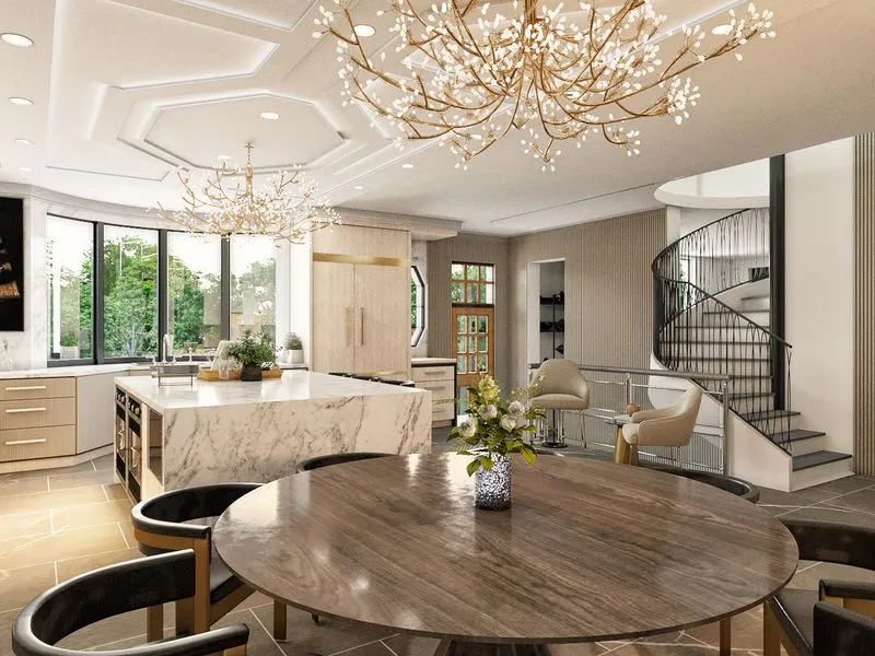 Luxury Marble Kitchen Spiral Stair — residential 3D rendering