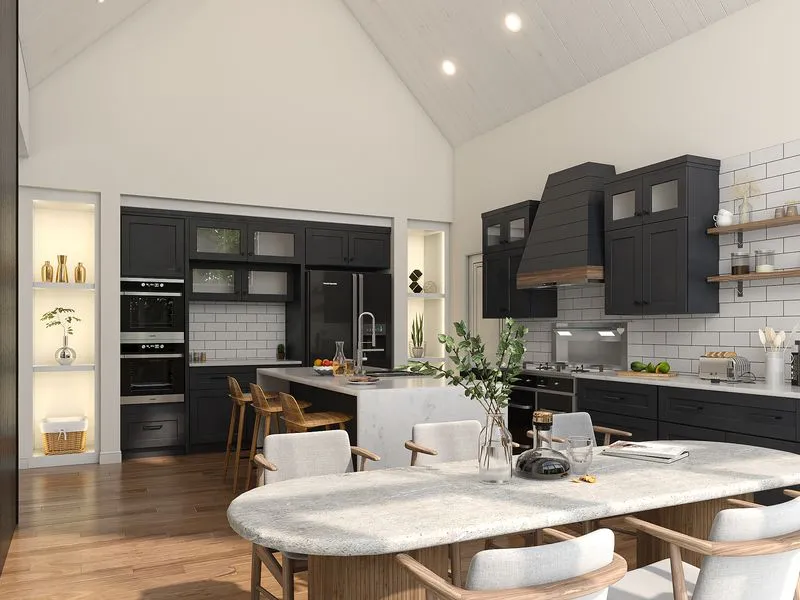 Modern Farmhouse Vaulted Kitchen — residential 3D rendering