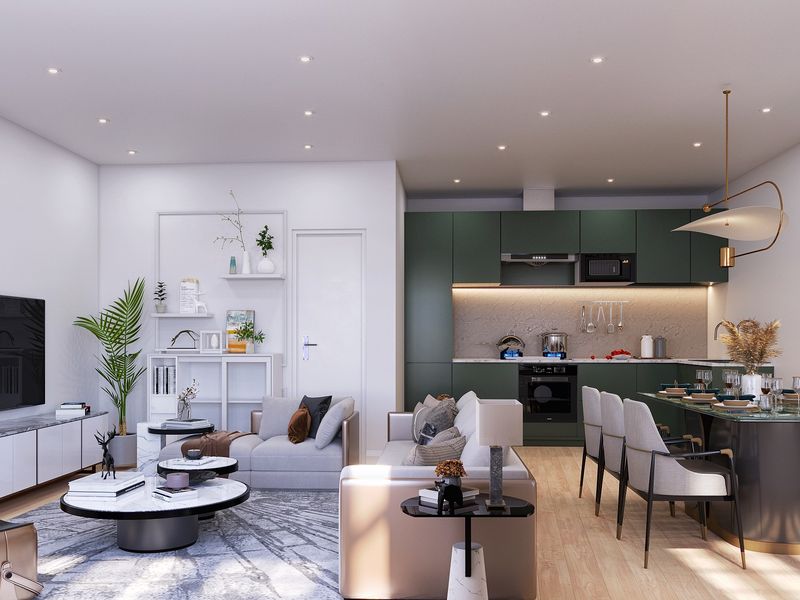 Open Plan Green Kitchen Living
