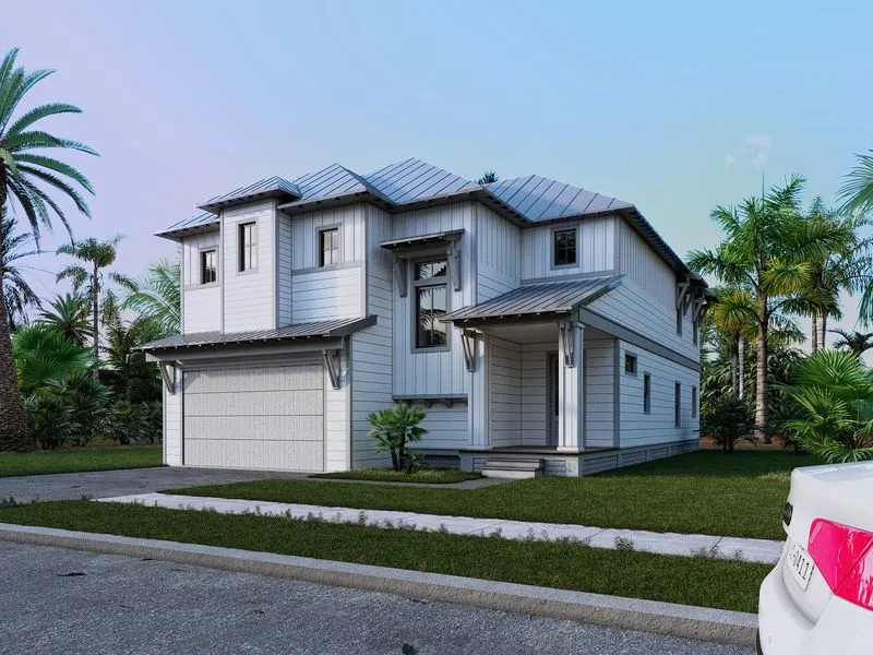 Coastal Modern White Siding — residential 3D rendering