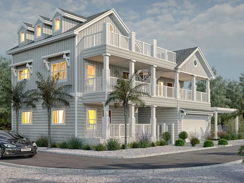 Coastal Three Story Balcony Home — residential 3D rendering