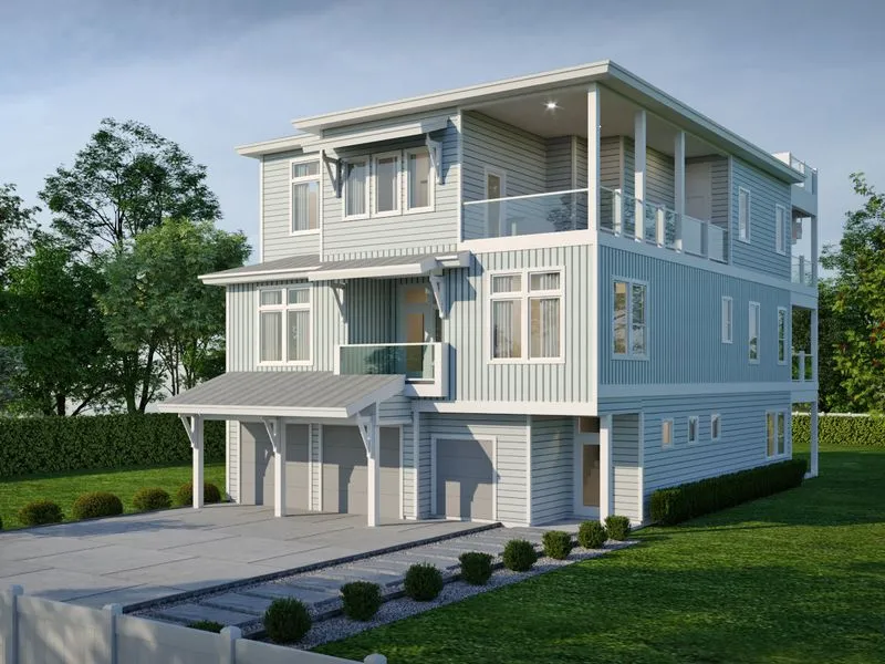 Coastal Three Story — residential 3D rendering